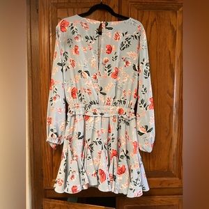 Dress size large, light blue with pink and green/gray leaves. Short.